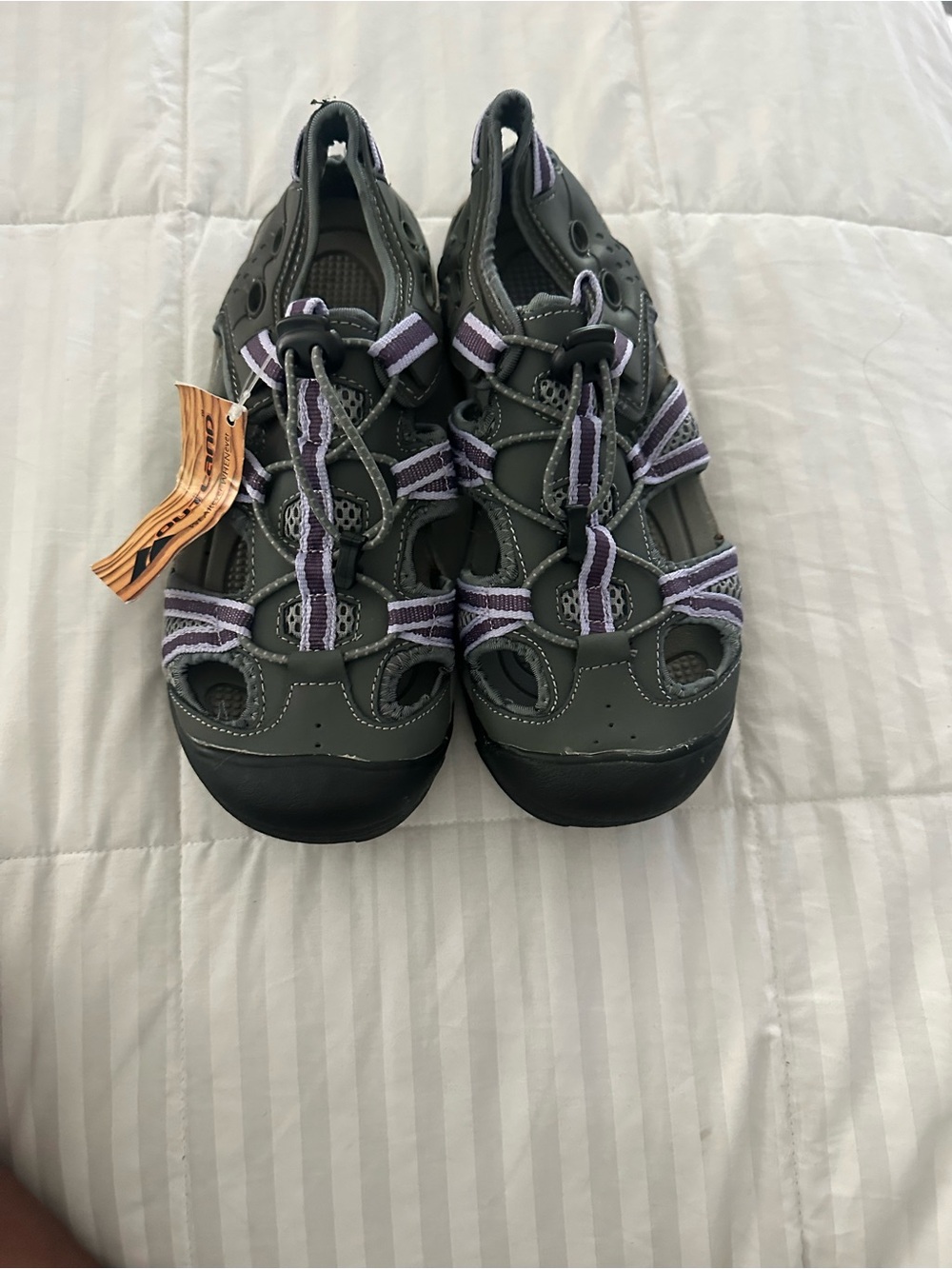 Outland Closed-Toe Sandals in Gray with Lavender Accents